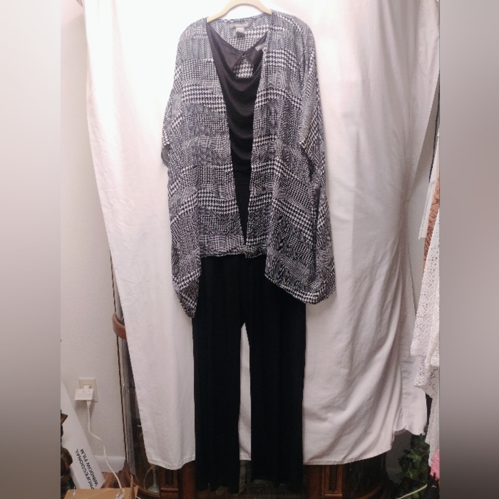 Kate & Mallory Black&White Kimono Style Coverup over a Black Sleeveless Jumpsuit
